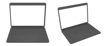 Dark gray laptop in two angles. mockup. isolate. White screen for inserting objects. 3D rendering.の写真素材