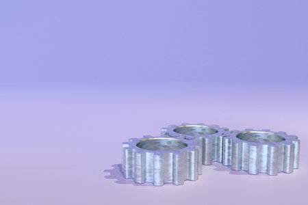 Three abstract gears made of galvanized metal in engagement with each other on a blue background.の写真素材