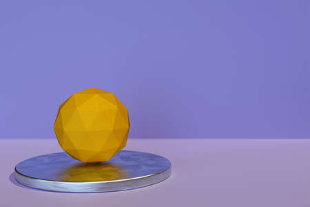 An abstract scene in the form of an icosphere on a metal podium on a blue background.の写真素材