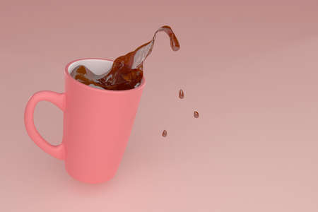 An abstract scene with a falling cup of tea. A falling pink cup with splashing brown tea. 3D rendering.の写真素材