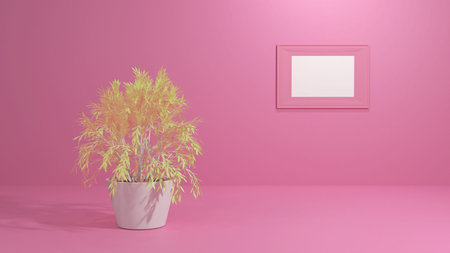 A fictional tree in a white pot on the floor, a photo frame with a white background on the wall.