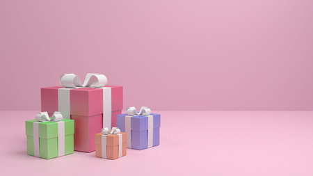 Multicolored gift boxes with white ribbons. 3D render.