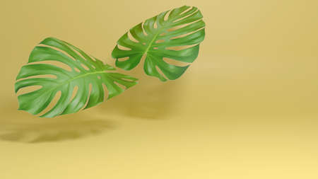 A minimalistic tropical scene for advertising and branding products for a holiday at sea. Green palm leaves in the form of open bird wings on a yellow background. 3D rendering.の写真素材