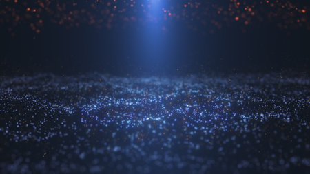Abstract Christmas illumination of three kinds of particles. An oscillating surface of blue particles at the bottom, small yellow particles flying over it, orange particles hanging at the top, a beam of blue light in the center. 3D rendering.の写真素材