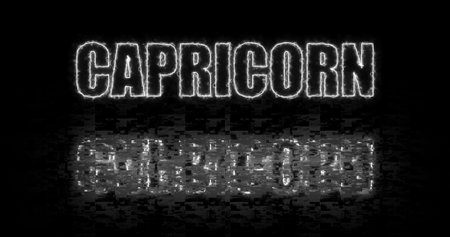 capricorn. The name of the zodiac sign on a black background. Colored text reflected in an oscillating liquid. A color corresponding to the element of the sign. 3D rendering.の写真素材