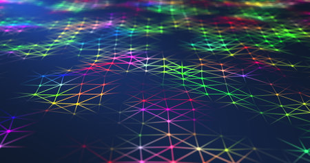 A surface formed by multicolored dots connected by multicolored lines.の写真素材