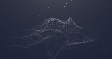 A shape-changing surface of white dots on a blue background. White particles falling from above.の写真素材