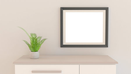 A blank photo frame on the wall for inserting images. Frame above the chest of drawers with a...