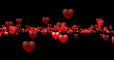Red hearts flying along a flat surface on a black background. Valentine's Day. 3D render.の写真素材