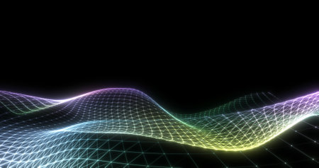 A translucent tablecloth with iridescent iridescence, fluttering in the breeze. Sea of dots and lines on black background. 3D render.の写真素材