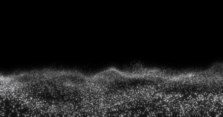 Ocean with waves of glowing particles on black background. 3D render.の写真素材