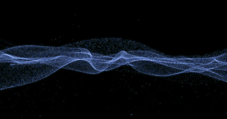 Agitated ocean of particles on black background. Cross-sectional surface of the sea. 3D render.の写真素材