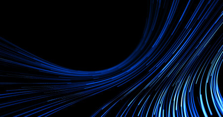 Descending and expanding stream of moving blue lines on black background. 3D render.の写真素材