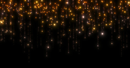 An orange wall of slowly falling rain. Orange, yellow, white particles with tails of sparkling small particles falling vertically down on a black background. 3D render.の写真素材