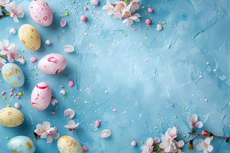 Easter composition in blue pastel colors. Decorated Easter eggs with cherry blossom branches on blue surface with rough brushstrokes of paint. Flatley. Copyspace. Generated by artificial intelligence.の素材