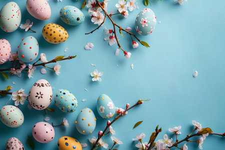 Easter composition in blue pastel colors. Decorated Easter eggs with cherry blossom branches on blue surface. Flatley. Copyspace. Generated by artificial intelligence.の素材
