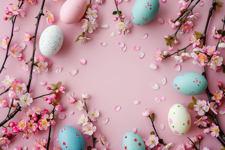 Easter composition in pink pastel colors. Decorated Easter eggs with cherry blossom branches on pink surface with rough brushstrokes of paint. Flatley. Copyspace. Generated by artificial intelligence.の素材