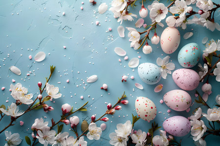 Easter composition in blue pastel colors. Decorated Easter eggs with cherry blossom branches and petals on a blue surface with rough brushstrokes of paint. Flatley. Copyspace. Generated by artificial intelligence.の素材