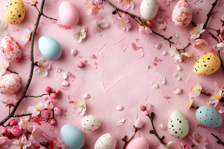 Easter composition in pink pastel colors. Easter eggs, cherry tree branches with flowers on pink surface with rough brushstrokes of paint. Flatley. Copyspace. Generated by artificial intelligence.の素材