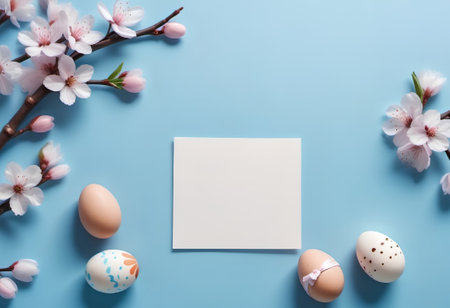 Easter composition in blue pastel colors. Decorated Easter eggs with cherry blossom branches, blank piece of paper on blue surface, blank piece of paper. Flatley. Copyspace. Generated by artificial intelligence.の素材