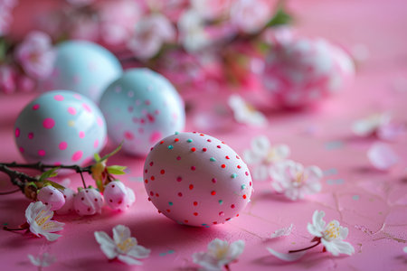 Easter composition in pink pastel colors. Painted Easter eggs with cherry blossoms on pink surface with rough brushstrokes of paint. Generated by artificial intelligence.の素材