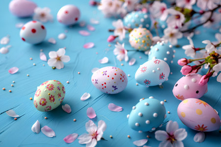 Easter composition in blue pastel colors. Decorated Easter eggs with cherry blossom branches on blue surface with rough brushstrokes of paint. Generated by artificial intelligence.の素材