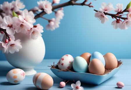 Easter composition in blue pastel colors. Square plate with Easter eggs under cherry blossom branches on table with blue top. Generated by artificial intelligence.の素材