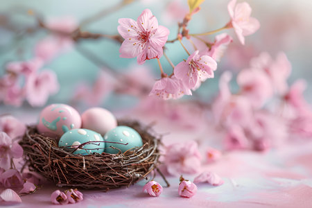 Easter composition in pink and blue pastel colors. Bird's nest with Easter eggs under cherry blossom branches on pink marble table. Copyspace. Generated by artificial intelligence.の素材