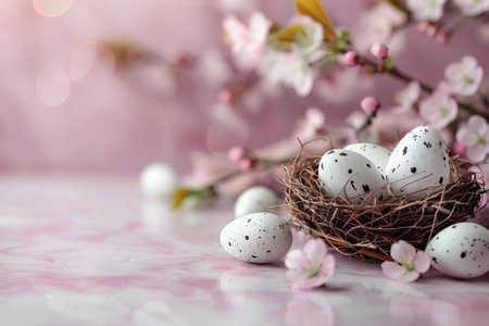 Easter composition in pink pastel colors. Bird's nest with Easter eggs under cherry blossom branches on pink marble table. Copyspace. Generated by artificial intelligence.の素材