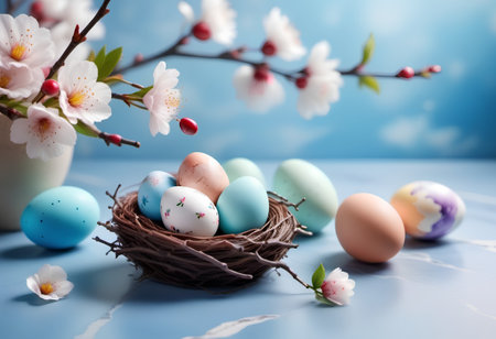 Easter composition in blue pastel colors. Bird's nest with decorated Easter eggs under cherry blossom branches on table with blue top. Generated by artificial intelligence.の素材