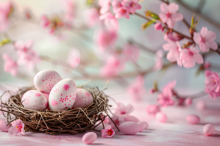 Easter composition in pink and blue pastel colors. Bird's nest with decorated Easter eggs under cherry blossom branches on pink marble table. Generated by artificial intelligence.の素材