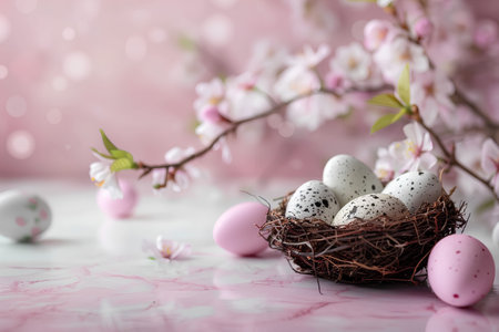Easter composition in pink pastel colors. Bird's nest with Easter eggs under cherry blossom branches on pink marble table. Copyspace. Generated by artificial intelligence.の素材