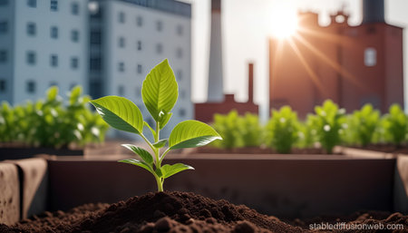 Small plant in soil close-up on the background of the city and smoking factory chimneys. Environmental protection. Generative AI.の素材