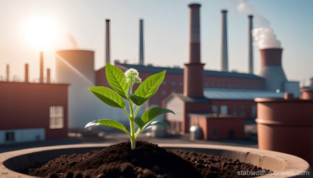 Small plant in soil close-up on the background of the city and smoking factory chimneys. Environmental protection. Generative AI.の素材