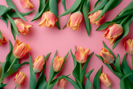 Floral spring background. Colorful tulips on a pink surface in the form of a photo frame. Copyspace. Top view. AI generated.の素材