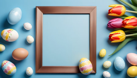 Easter background. Easter eggs and colorful tulips scattered on a blue countertop around a photo frame. Copyspace. Top view. AI generated.の素材