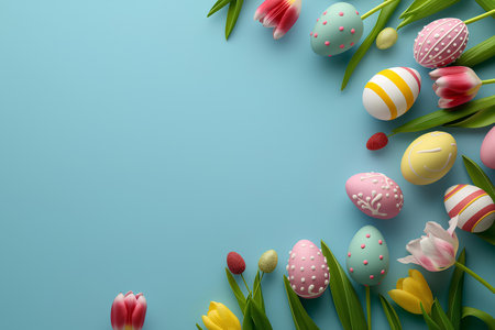 Easter background. Easter eggs and tulips scattered on the blue countertop. Copyspace. Top view. AI generated.の素材