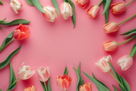 Floral spring background. Colorful tulips scattered on a pink countertop in the form of a photo frame, copyspace. Top view. AI generated.の素材