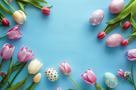 Easter background. Easter eggs and colorful tulips scattered on the blue countertop in the form of a photo frame. Copyspace. Top view. AI generated.の素材