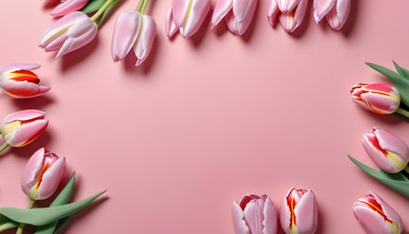 Floral spring background. Colorful tulips scattered on a pink countertop in the form of a photo frame. Copyspace. Top view. AI generated.の素材