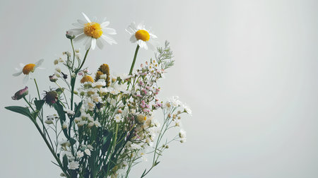 Wildflowers on the left side of the frame on a blue surface. Flatlay. Copyspace. Generated by artificial intelligence.の素材
