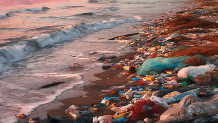 Environmental protection concept. Garbage dump on the seashore. AI generated.の素材