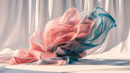 Translucent thin fabric fluttering in the wind. Abstract wavy background. AI generated.の素材