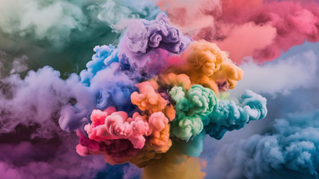 Clouds of colored smoke. An abstract background that creates an enchanting and mysterious atmosphere, drawing you into a cloudy world of colored dreams. AI generated.の素材