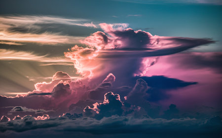 Blue-pink storm clouds in the rays of the sun. AI generated.の素材