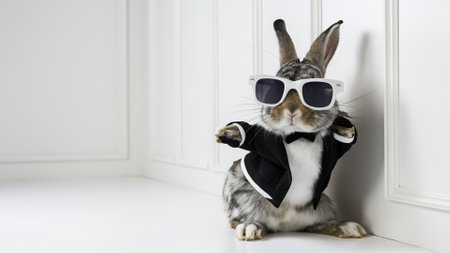 Cool advanced rabbit in glasses on white background. Copy-paste. AI generated.の素材
