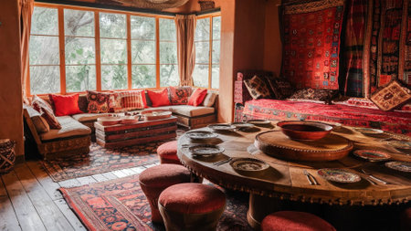 The interior of the room is in the style of ethno. A room lit by light from a window. AI generated.の素材