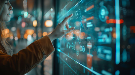 Woman in front of transparent touch screen pressing buttons. Information Technology. Internet of Things. AI generated.の素材