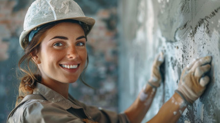 Beautiful female builder, professional in her field, plastering the wall. AI generated.の素材
