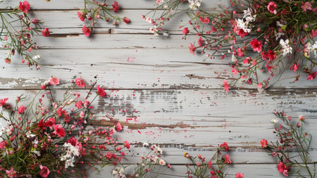Summer composition. Flowers on the edge of a flat surface. Flatlay, copy-paste. AI generated.の素材
